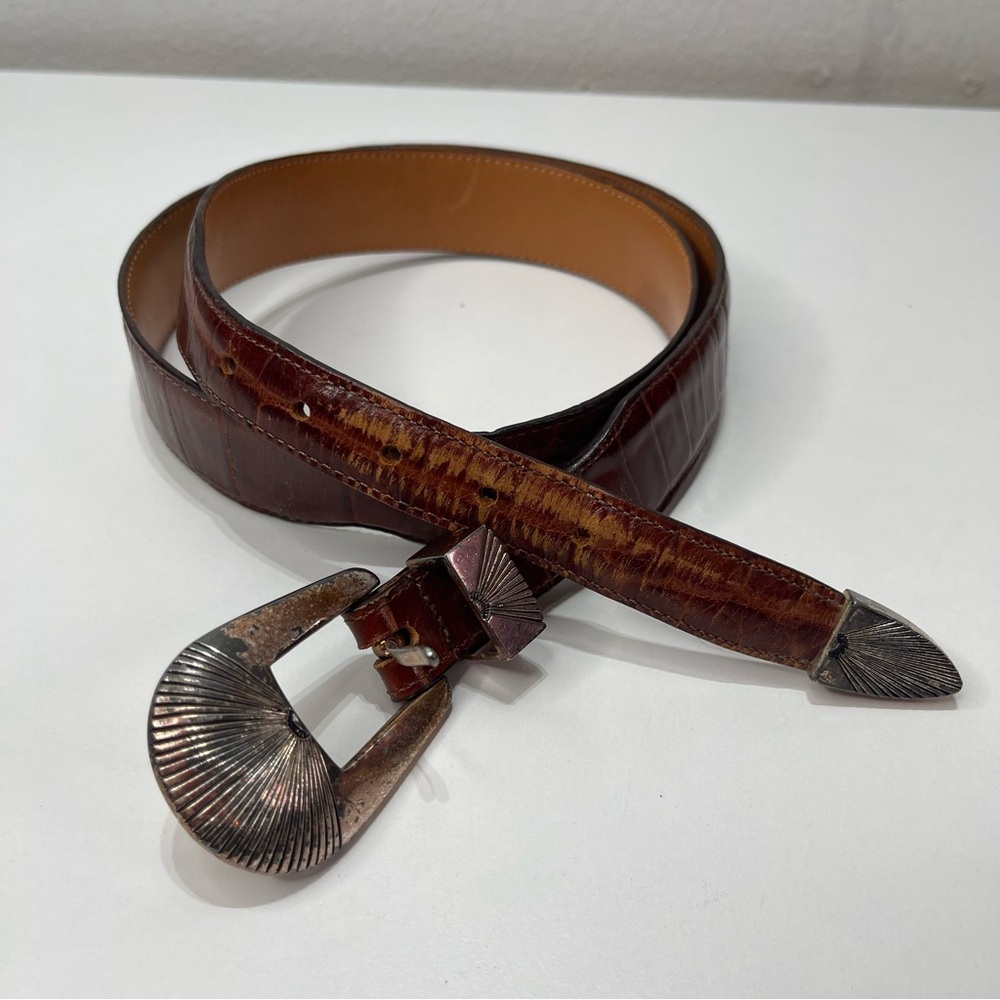 Vtg 1990 Onyx by Brighton Ranger Leather Belt Men 36 Brown Croc Embossed Western